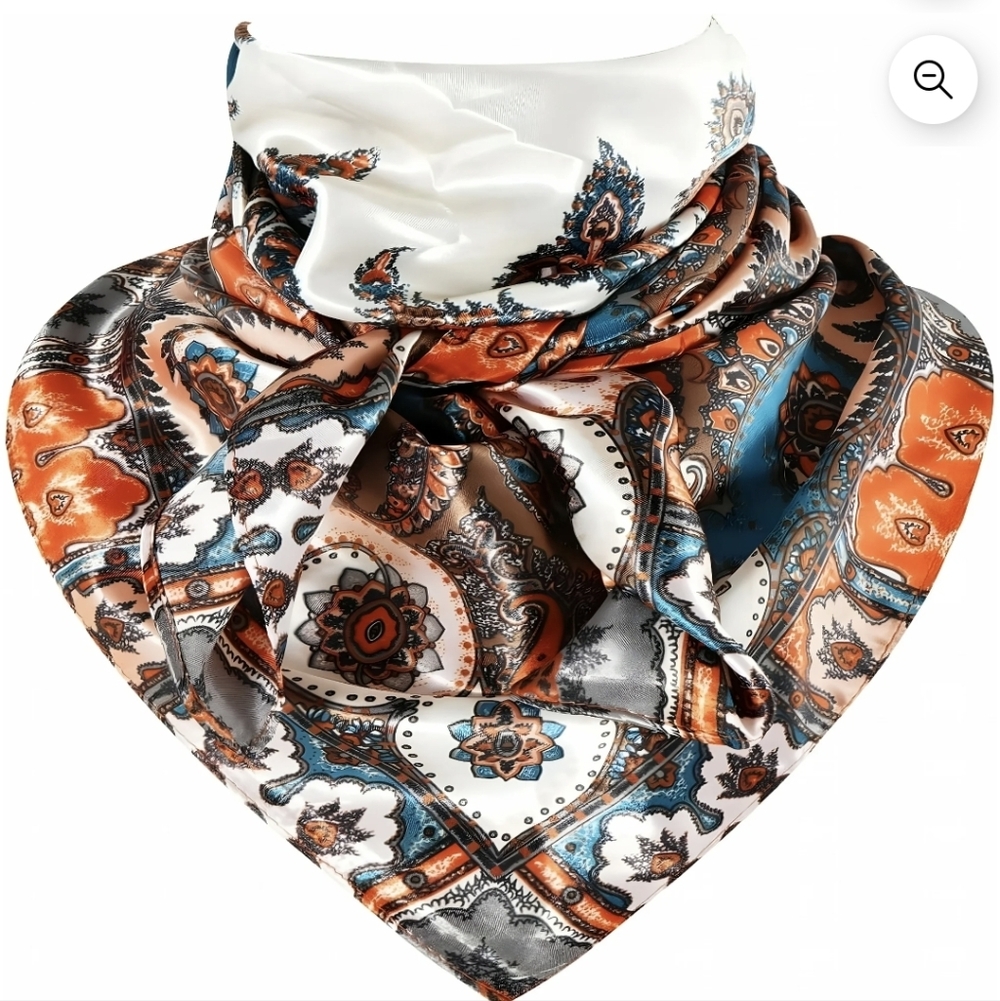 Paisley Silk Scarf - Orange and Blue Wild Rag 35X35 Polyester NWOT A2